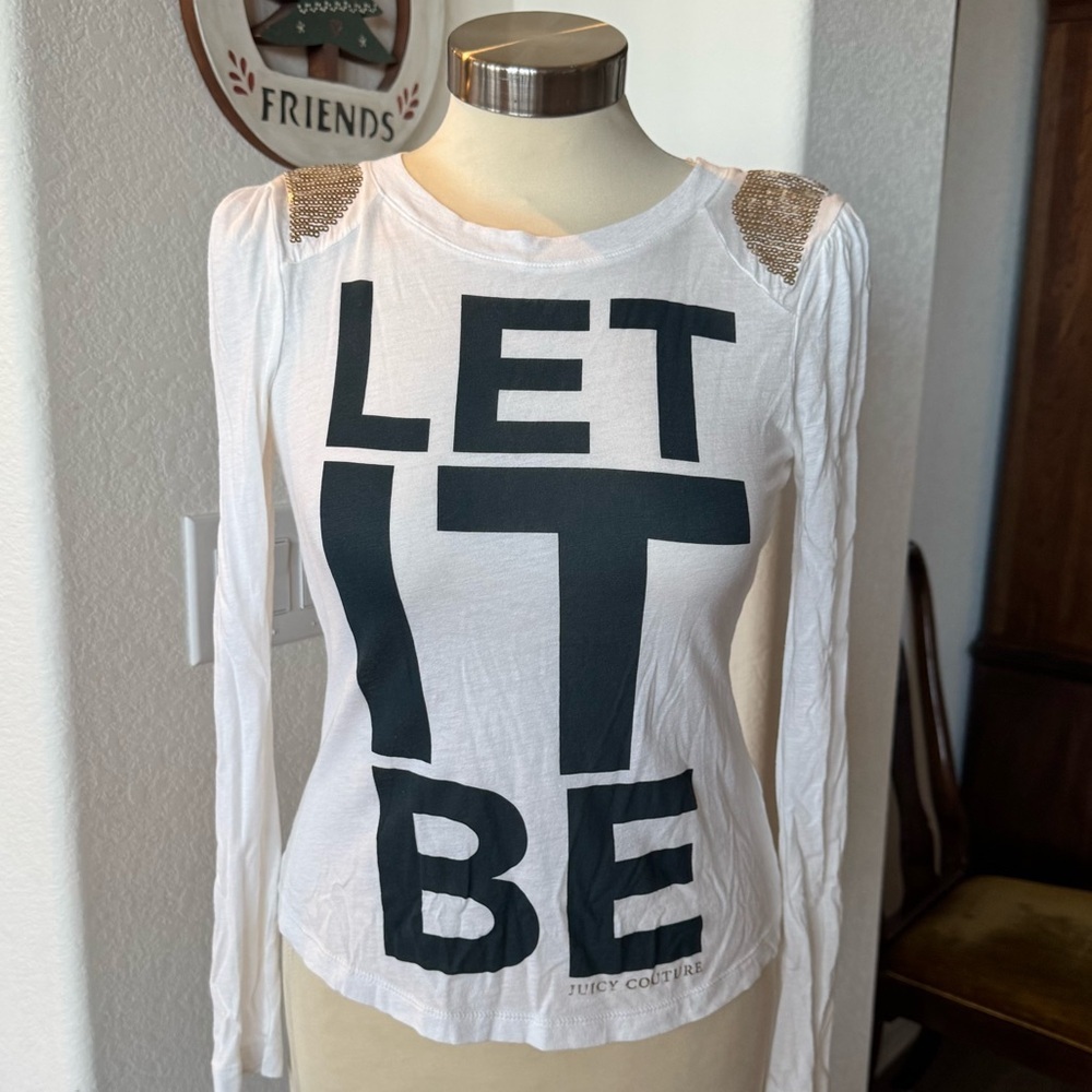 Juicy Couture White Long Sleeve Tee with Black Text and Gold Accents